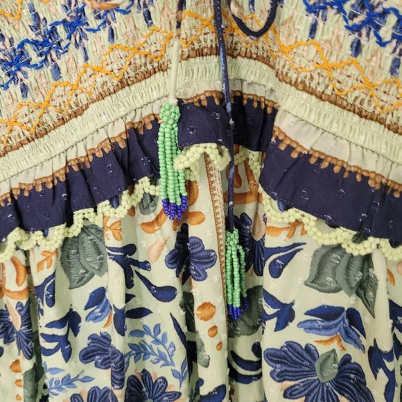 Anthropologie Farm Rio Ocean Tapestry Maxi Smocked Green Blue Lace Midi Dress - Picture 9 of 11